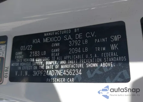 2022 Kia Forte Lxs из США, поврежденный, VIN 3KPF24AD7NE456234